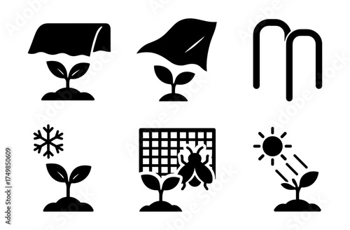Plant protection icons: weather, pests, and growth strategies in simple black silhouette design