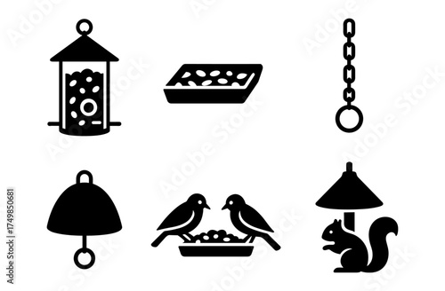 Bird feeder icons: simple black pictograms of birdhouses and accessories