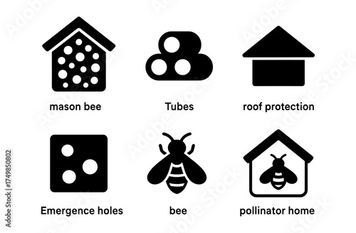 Bee habitat icons: mason bee home, tubes, roof protection, emergence holes, pollinator shelter