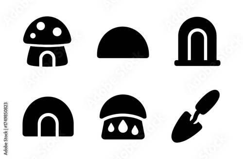 Black silhouette icons of mushrooms and garden tools in minimal style