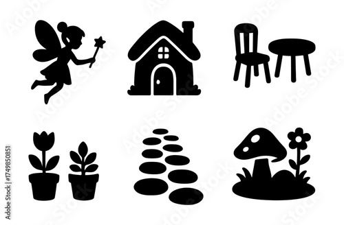 Silhouette fairy tale elements with magical fairy and cozy home