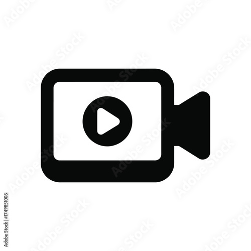 Black video camera icon with play button illustration on white background