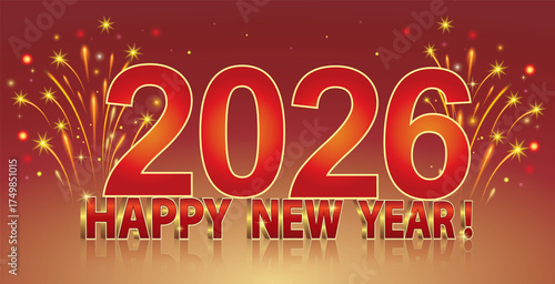 Happy New Year 2026 on a red background with fireworks and congratulatory text with reflection. Vector illustration 3D.