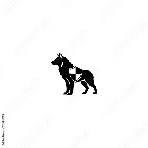Silhouette of a standing canine wearing a decorative shield on its side