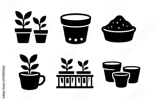 Silhouette of gardening pots and seedlings on white background
