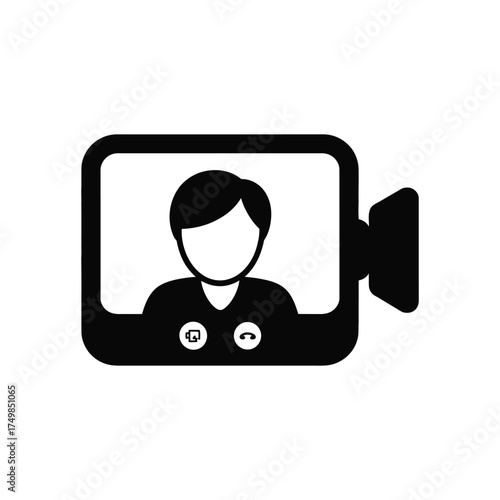 Video call interface with person, microphone, and end call buttons icon