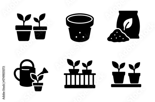 Gardening icons set featuring potted plants and tools in silhouette style for horticulture enthusiasts