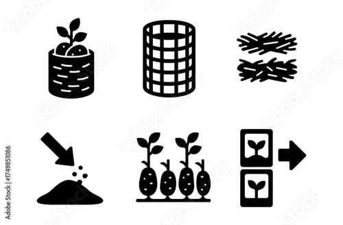 Gardening techniques icons set for efficient urban farming
