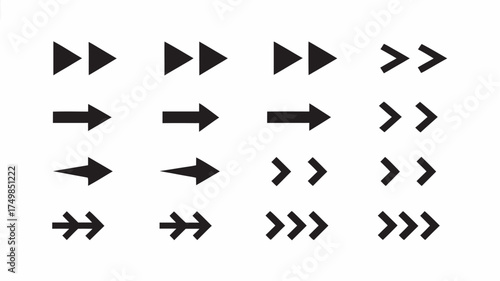 Various arrow designs arranged in a rectangular grid pattern on a white background showing directionality | editable eps vectors silhouette