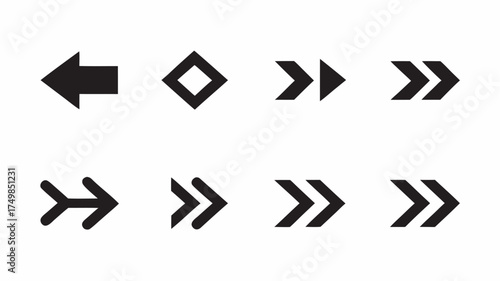 A collection of eight different black arrow designs pointing in various directions on a white background | editable eps vectors silhouette