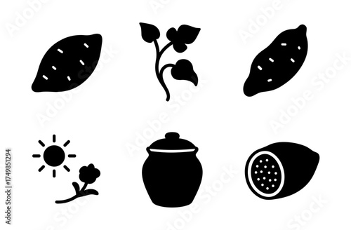 Sweet potato icons: bold black silhouette set with nature elements