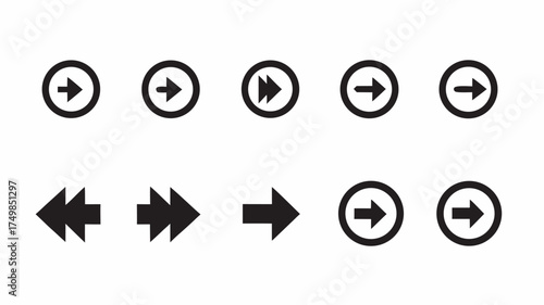 Collection of forward and backward arrow icons in various styles and orientations on a white background | editable eps vectors silhouette
