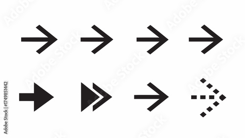Collection of eight black arrow symbols in different styles pointing to the right on a white background | editable eps vectors silhouette
