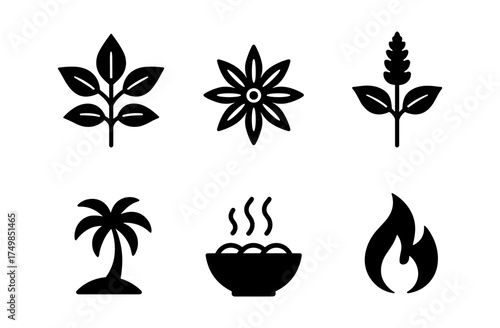 Collection of nature and food silhouettes with fire symbol set