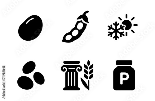 Nutrient icons: bean symbols, soy, weather, eggs, architecture, grain, protein jar