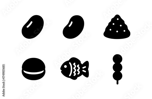 Minimalist black icons of japanese snacks and foods in silhouette style