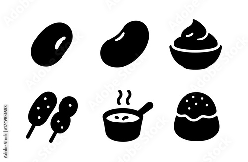 Bold japanese cuisine icons featuring beans, sauces, and traditional dishes