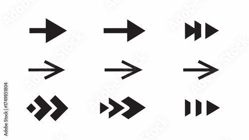 Illustration of nine black arrow symbols pointing to the right with different styles on a white background | editable eps vectors silhouette