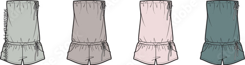 Technical flat fashion sketch set of a strapless bandeau romper with a drawstring waist. Apparel design template with color variations