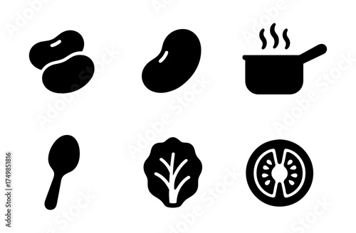 Silhouette icons of beans, cooking pot, spoon, lettuce, and tomato slice for kitchen themes
