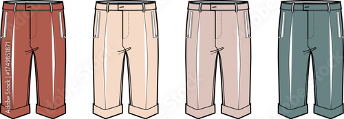 Fashion flat sketches of tailored capri pants with cuffed hems and pockets in four different colors
