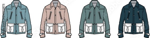 A collection of technical fashion flat illustrations for a utility jacket design. 'Showcasing versatile outerwear concepts with multiple color palettes for apparel mockups