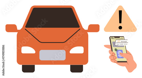 Orange car with alert icon and hand using mobile phone emphasizes distracted driving and safety hazards. Ideal for transportation, safety, awareness, responsibility, technology risks, caution