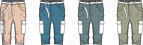 Collection of men's casual cargo capri pants with multiple pockets and a drawstring waist, presented as a fashion technical flat vector illustration in various colorways