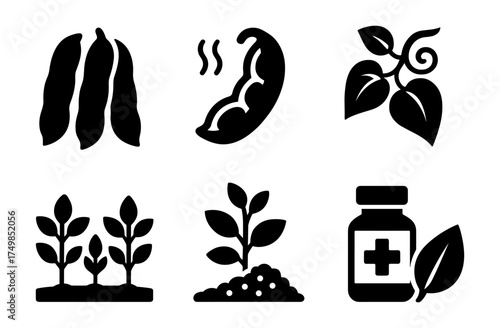 Silhouette icons of organic farming: beans, plants, leaves, and medicine