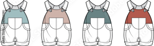 A collection of baby and toddler overall shorts shown as a technical fashion flat illustration. This vector set includes multiple color variations for apparel design and mockups
