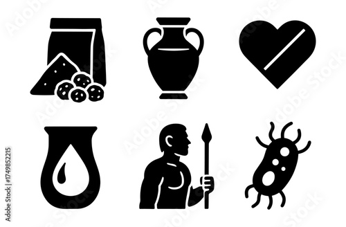 Silhouette icons: ancient pottery, heart, science, food, and hunter symbols