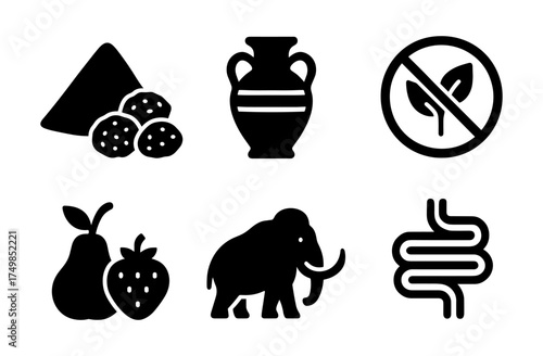 Silhouette icons of diet, history, and nature featuring ancient pot, mammoth, and fruits