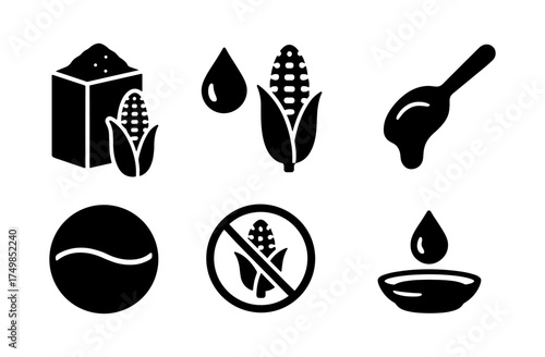 Black and white icons of corn, syrup, and starch in minimalist style