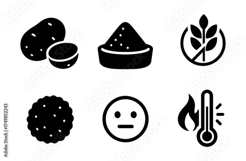 Minimalist icons featuring food items, face, and temperature gauge
