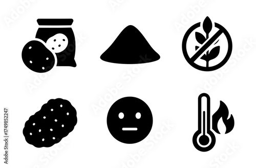 Gluten free food icons: potato chips, flour, and wheat-free symbol