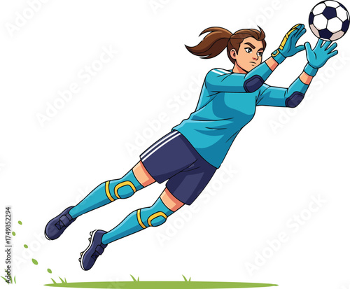 Crucial Goalie Mid-Air Intercept, An action-packed illustration of a determined football goalie executing a spectacular save, demonstrating quick reflexes and focus against a simple or white backgroun