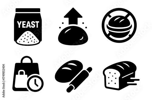 Bread making process icons: fermentation, rising, baking, and fresh bread symbols