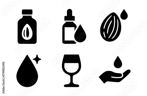 Essential oil icons set: dropper, bottle, almond, hand, wine glass, drop