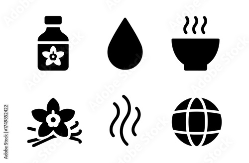 Simple icons of vanilla extract, water drop, and bowl in black silhouette style