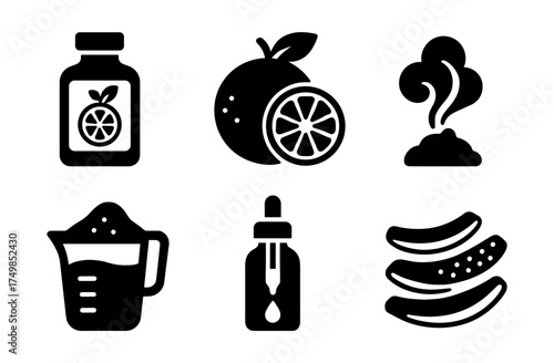 Citrus icons collection: juice, oil, and fruit in bold orange design