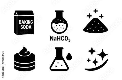 Cleaning ingredients icons featuring baking soda, chemistry elements, and shining effects