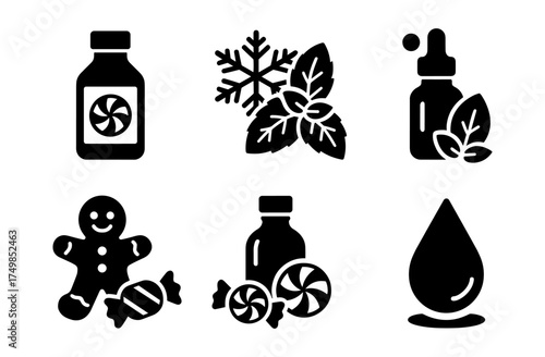 Winter holiday black silhouette set with mint, candy, and gingerbread icons