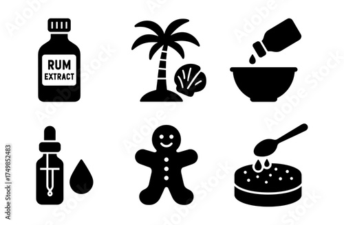 Monochrome baking and cooking icons: ingredients and tools in silhouette