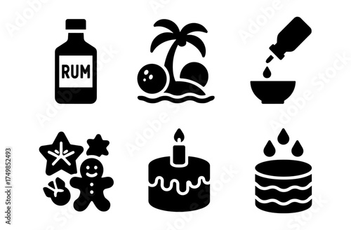 Collection of rum, tropical, and dessert icons in bold silhouette style