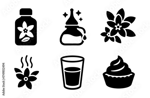 Vanilla icons set: extract bottle, blossoms, cupcake, and drink in flat style