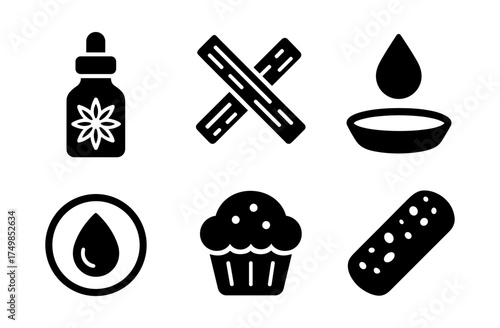 Essential oils and ingredients icons set in simple black silhouette style