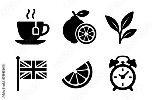 Tea time essentials: silhouette icons of tea, citrus, leaves, and clock