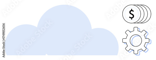 Cloud element with coins reflecting finance and gear showcasing functionality. Ideal for cloud computing, finance, innovation, technology, economy connection, productivity, workflow optimization