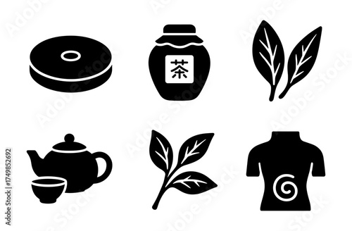 Tea icons: teapot, cup, leaves, donut, and jar in flat design