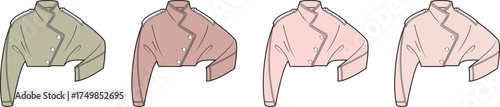 Cropped jacket designs with button closure and stylish collar, presented in four distinct color options for fashion and apparel